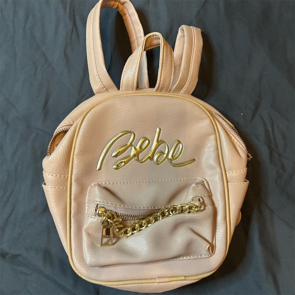 bebe Y2K Gianna Mini Backpack Purse Womens Tan/Blush Gold Logo‎ Chain Front
